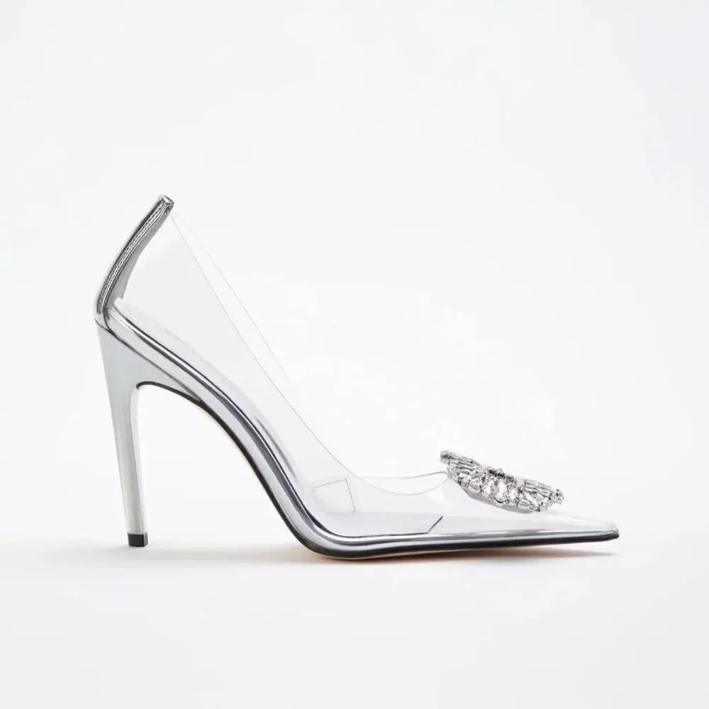 New GOOD AMERICAN CLEAR Silver Heels - Picture 13 of 13